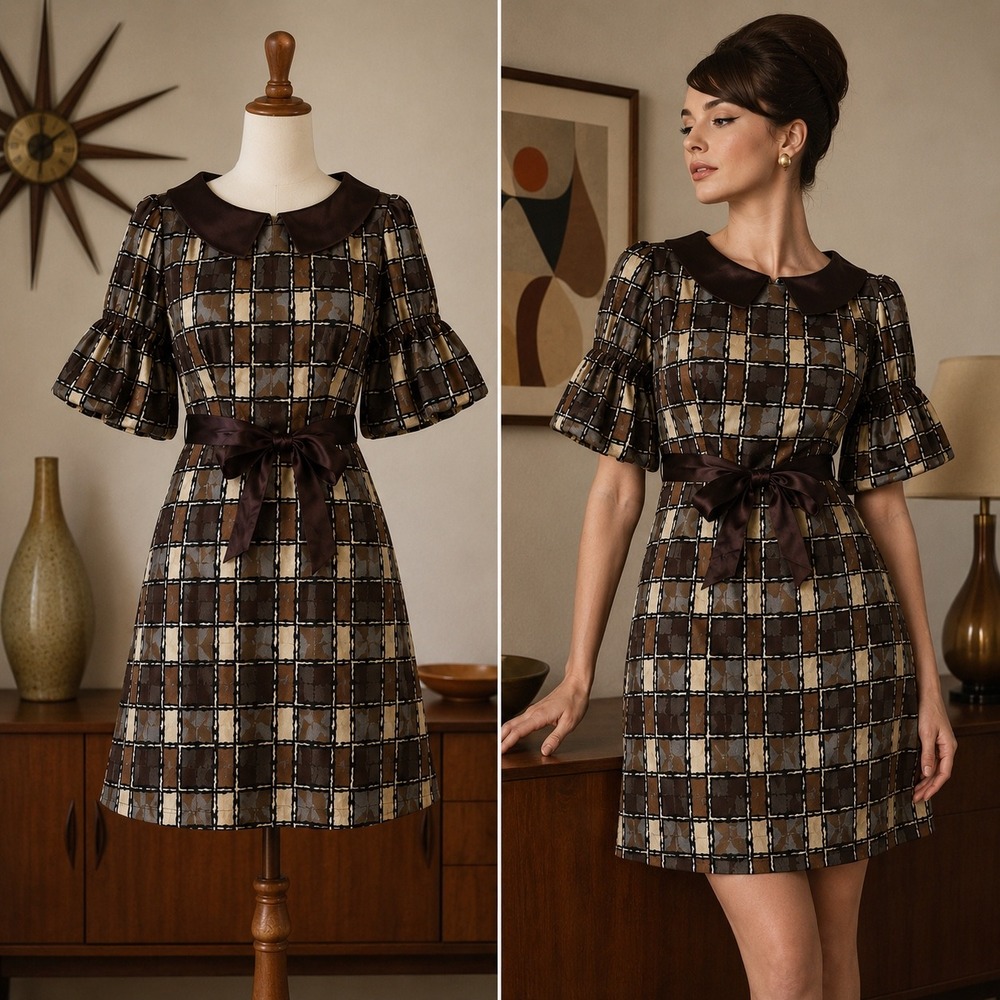 Nanette Lepore Silk Plaid Dress 8 Brown Portrait Collar Puff Sleeve Belted Retro